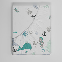 Prześcieradło z gumką do łóżeczka 80x160 bawełniane | 235mie | biało miętowe | morski